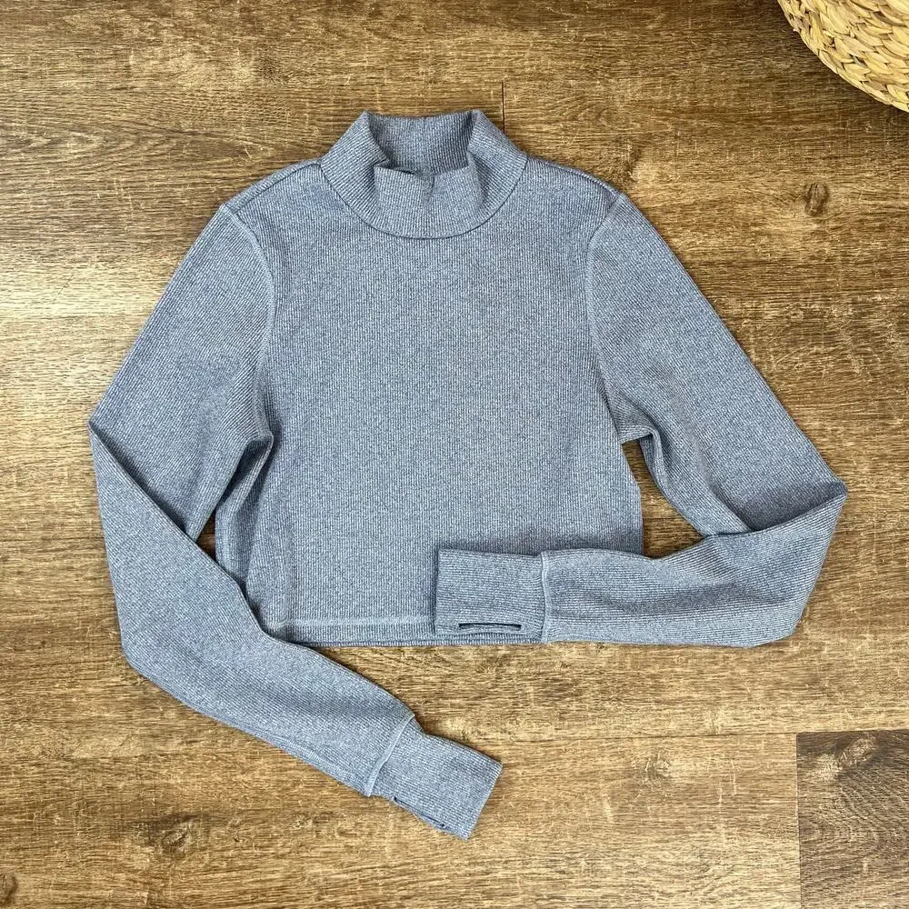 Offline By Aerie Mock Neck Ribbed Cropped Long Sleeve Dusty Blue Top - Picture 3 of 6